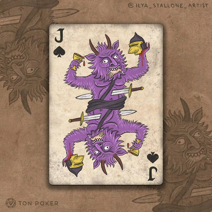 Jack of spades card featuring a medieval-style purple demon with swords and chalices in an artistic deck redesign.