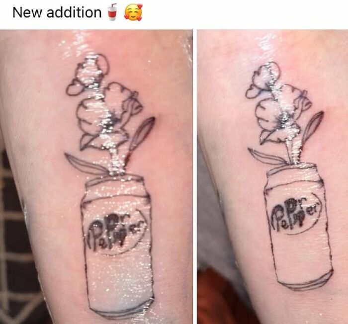 Tattoo of a soda can with misspelled branding, showcasing a permanent tattoo mistake from people trying to look cool.