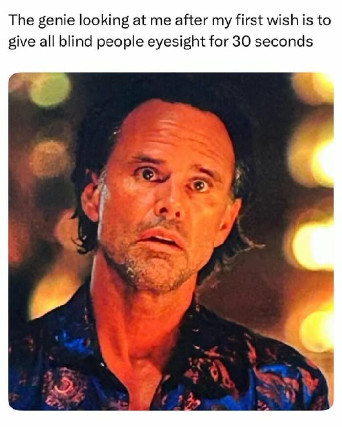 Man with shocked expression in dim light, caption about a genie reacting to a wish, vegan memes and humor concept.