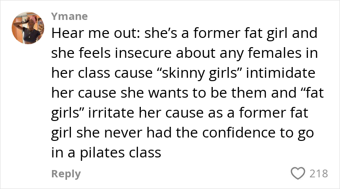 Comment from Ymane discussing insecurity and confidence related to Pilates class for people over 200 lbs and body image issues.