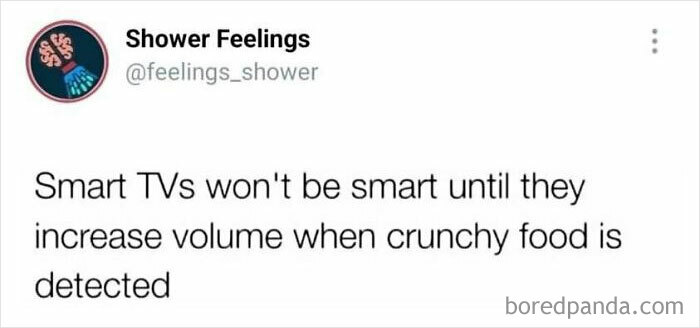 Screenshot of a humorous Shower Feelings tweet about smart TVs and volume, related to thoughts to occupy your brain while showering.