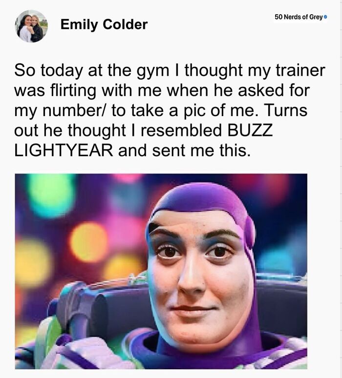 Funny meme showing a woman thinking her gym trainer was flirting, but he sent a Buzz Lightyear face swap instead.