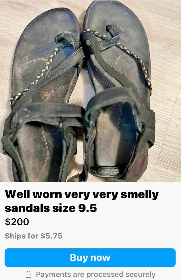 Well worn smelly sandals size 9.5 listed for sale on Facebook Marketplace as wildest things found for sale.