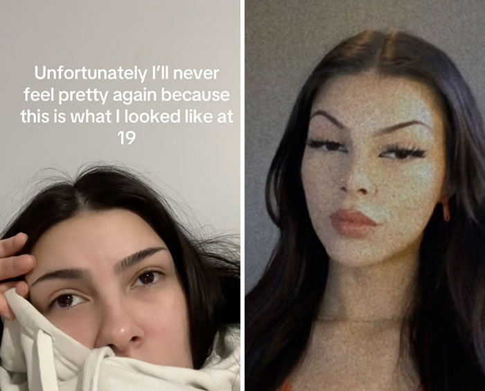 Side-by-side images of a woman showing a glow down trend with minimal and full makeup looks at different ages.