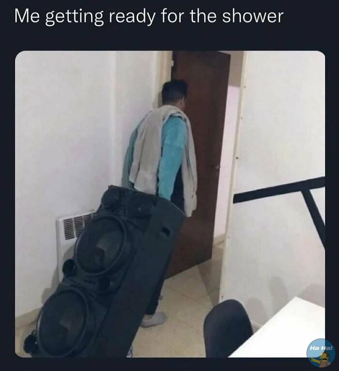Person carrying an oversized speaker while heading to the shower, a humorous mocking posts joke meme image.