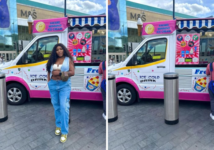 Woman posing by an ice cream truck with an award-winning ice cream sign in a busy urban setting Photoshop edits humor