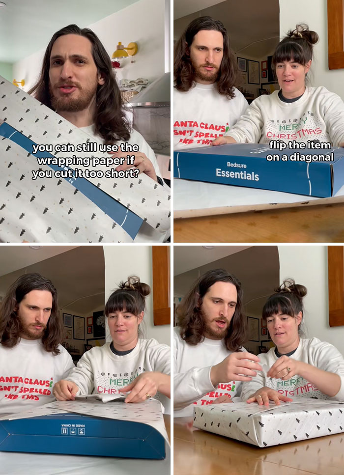 Man and woman demonstrating gift wrapping tips, sharing useful things you may want to know in their 30s.