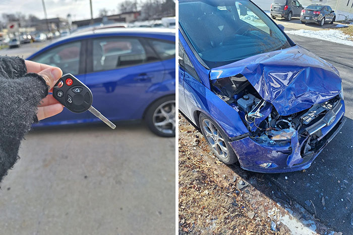 Llave de auto frente a vehículo azul sin daños y el mismo auto con daños graves en el frente, mostrando cosas que salieron mal.