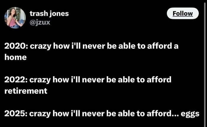 Tweet text humorously highlights rising costs over years, reflecting on affordability struggles, featuring memes about vegan lifestyle and finances.