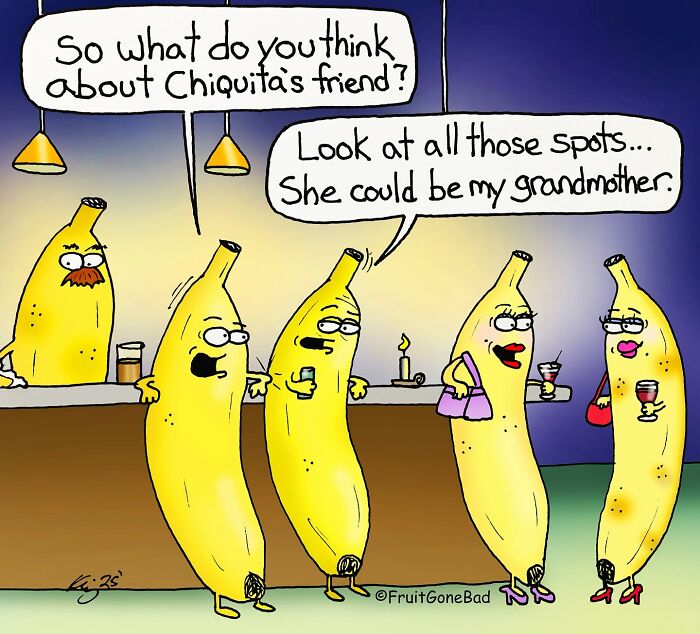 Cartoon of bananas with faces and drinks at a bar, humorously discussing spots, part of fruit gone bad punchlines series.