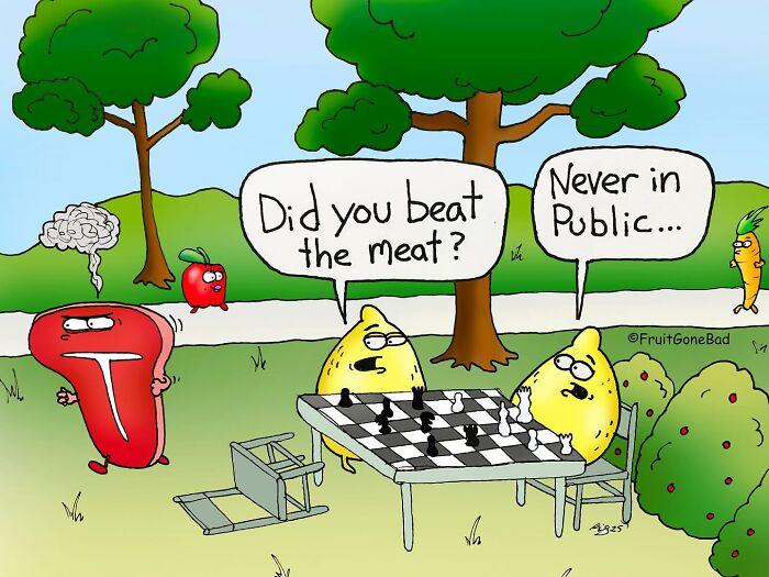 Two lemons playing chess making a pun about meat while a steak walks by angrily in a Fruit Gone Bad cartoon.