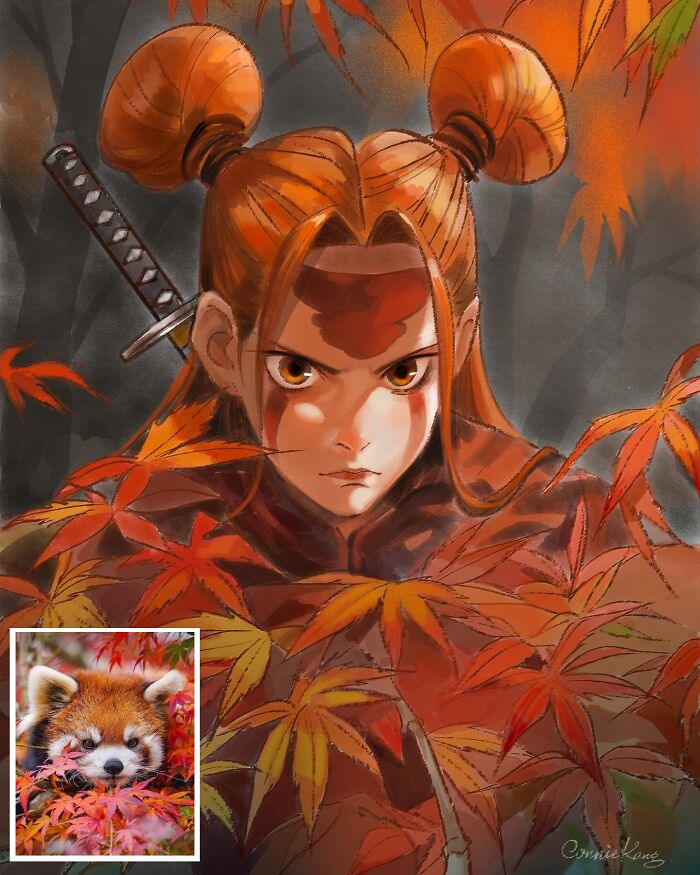 Playful portrait of a red panda blending with autumn leaves, capturing the quirky side of animals by Connie Kang.