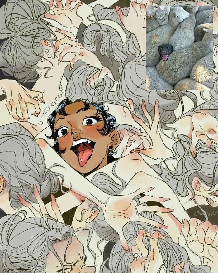 Playful animal portrait showing a black dog blending in with a group of sheep, capturing the quirky side of animals.