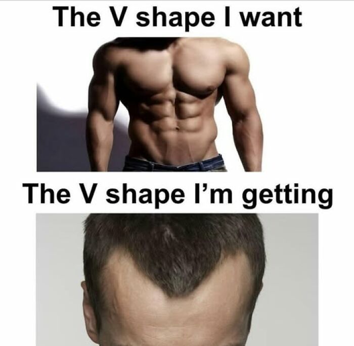 Muscular torso showing ideal V shape contrasted with a man's receding hairline shaped like a V in a humorous meme about veganism.