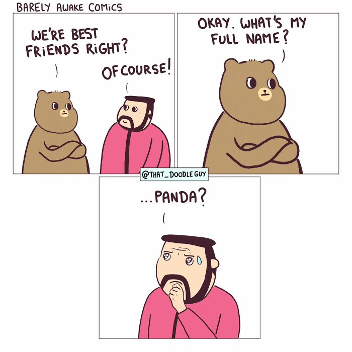 Cute animal comic featuring a bear asking his full name, with a man hesitating to answer panda in a funny scene.