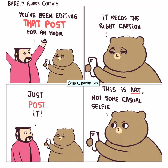 Comic strip from ridiculously cute animal comics showing a bear insisting on the right caption for a selfie post.