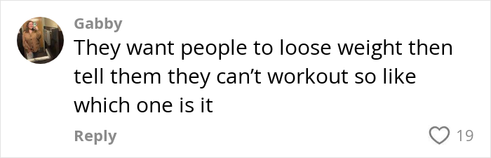 Comment from woman discussing weight and Pilates, debating if people over 200 lbs should do Pilates workouts.