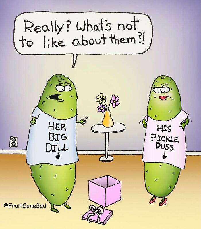 Cartoon of two pickles wearing humorous t-shirts, part of Fruit Gone Bad series with punchlines about produce.