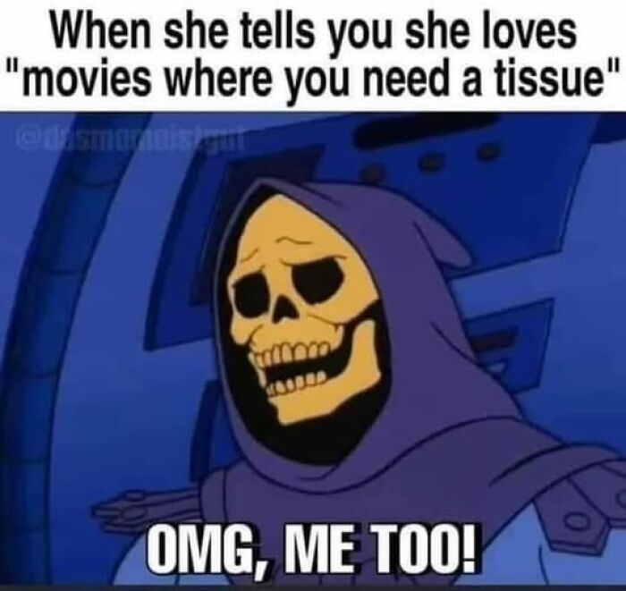 Skeletor meme reacting to emotional movies, representing edgy vegan memes balancing on the brink of being offensive.