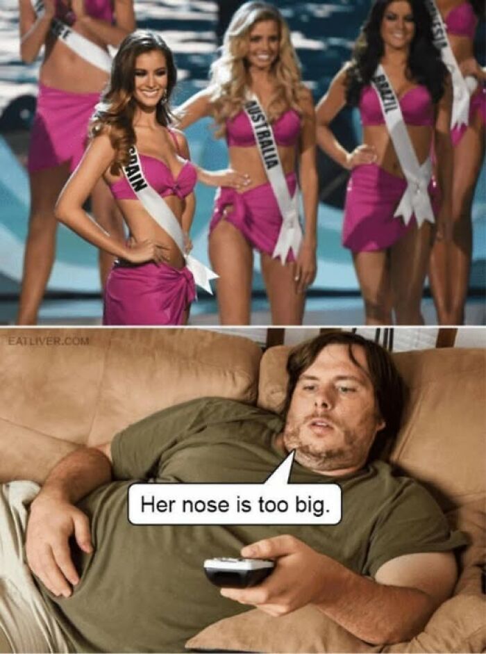 Man lying on couch watching beauty pageant, comedic meme illustrating casual critique, related to vegan memes and humor.