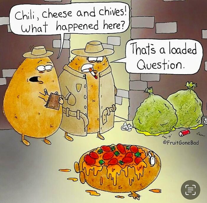 Two potatoes dressed as detectives investigate a pizza-covered potato in a cartoon from Fruit Gone Bad series.