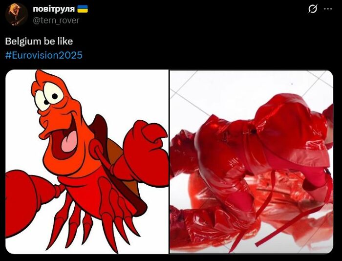 Cartoon lobster and person in shiny red outfit side by side, illustrating hilarious Eurovision 2025 memes about Belgium.