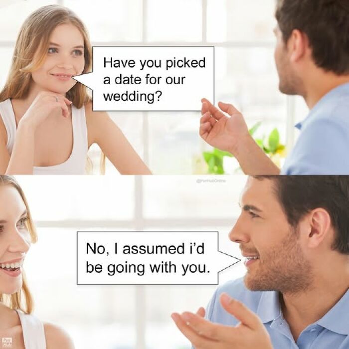 Couple having a playful conversation about their wedding date, illustrating humor in vegan memes context.