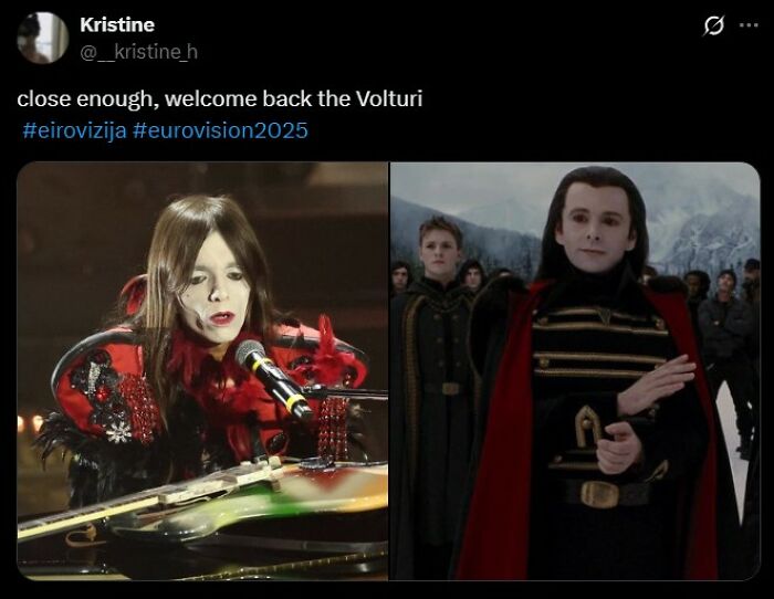Split image showing a Eurovision 2025 performer in dramatic costume next to a fictional character with pale makeup and dark cloak.