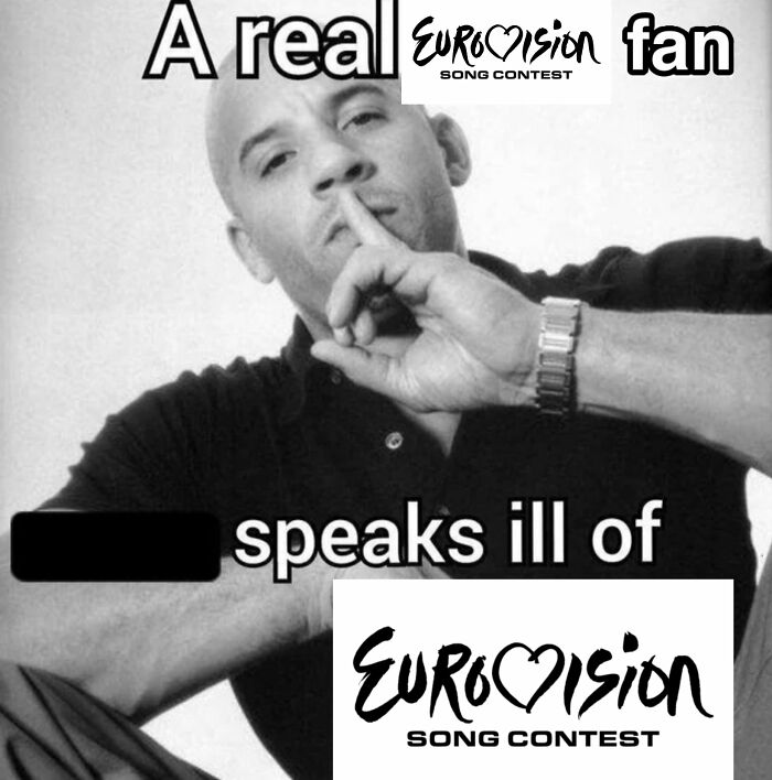 Image of a man making a shushing gesture with text about being a real Eurovision Song Contest fan.