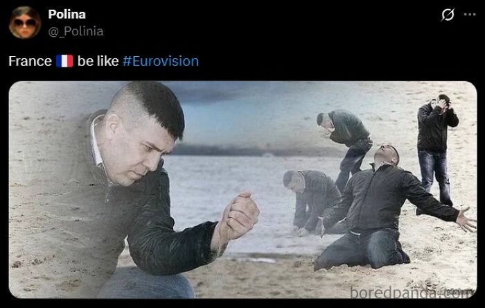 Man on a beach expressing strong emotions in various poses, humorously representing 2025 Eurovision Song Contest memes.