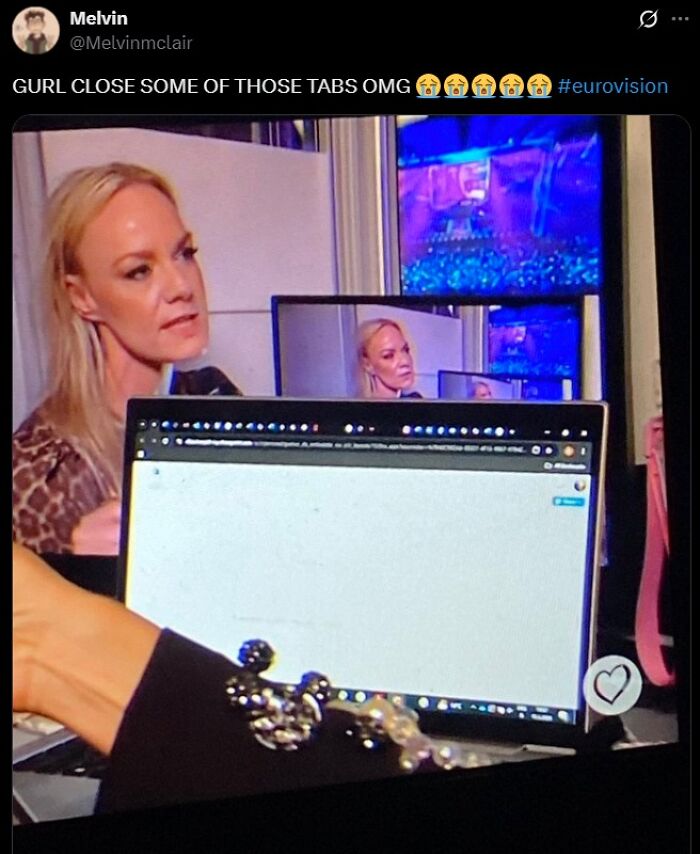 Woman watching multiple screens with many tabs open on a laptop, humorously depicting 2025 Eurovision Song Contest memes.