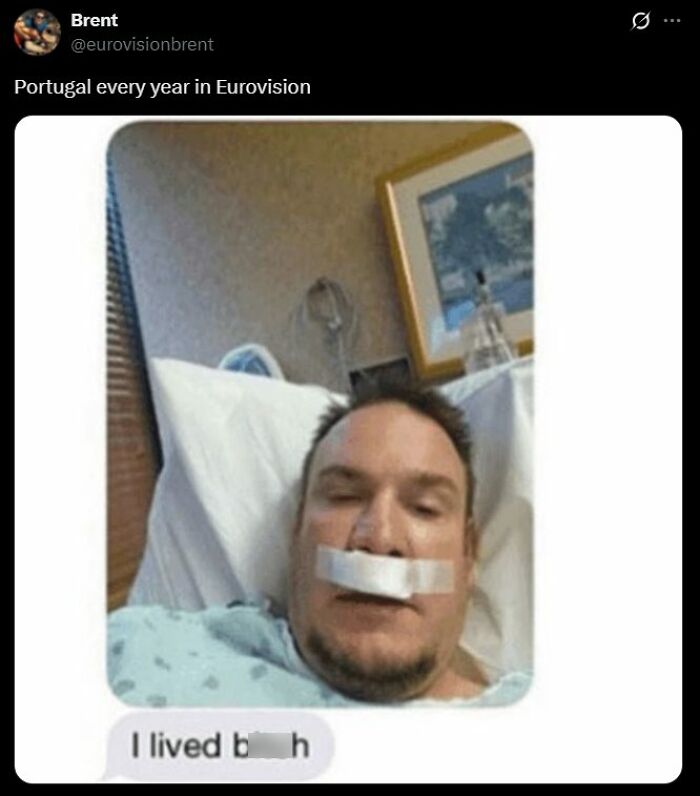 Man in hospital bed with taped mouth, humorous meme referencing Portugal in Eurovision, 2025 Eurovision memes humor.