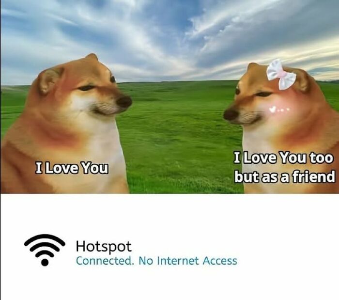 Two sarcastic memes featuring Shiba Inu dogs with text about unrequited love and internet hotspot no access.
