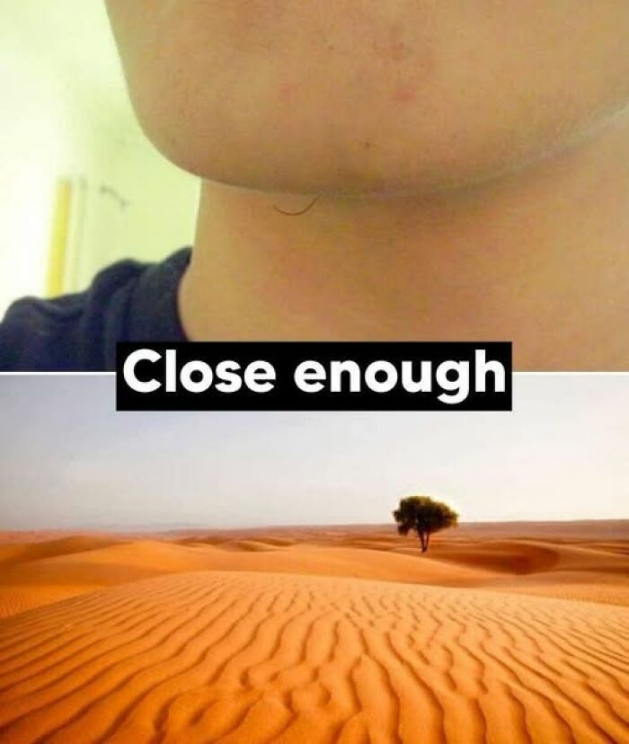 Close up of a chin compared to a desert landscape with sarcastic meme text saying Close enough for sarcastic memes.
