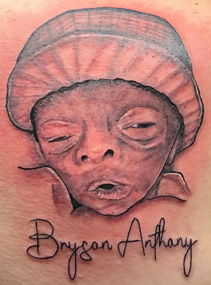 Close-up of a tattoo with a distorted face and the name Bryson Anthony, showcasing a permanent mistake in inked design.