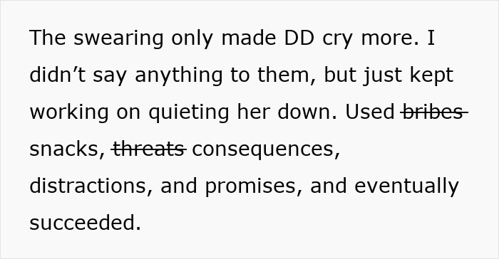 Screenshot of a text discussing a mom defending her toddler mid-flight while calming her down with snacks and distractions. Screenshot of a text discussing a mom defending her toddler mid-flight while calming her down with snacks and distractions.