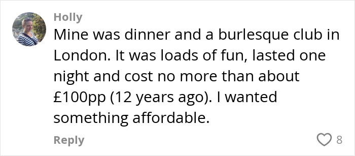 Social media comment discussing affordable hen party costs including dinner and a burlesque club in London.