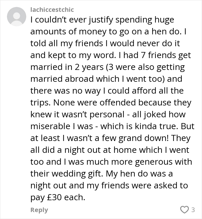 Comment discussing the rising costs and personal views on paying for hen parties and hen do expenses.