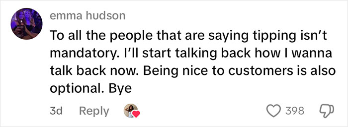 Comment from waitress upset after reviewing her tips, expressing frustration about tipping culture and customer treatment.