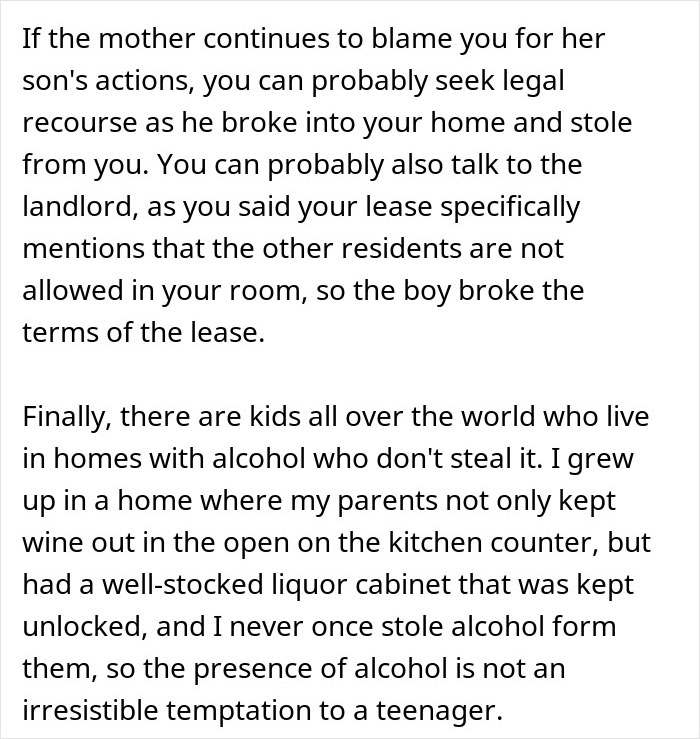 Text excerpt discussing roommate blamed for tempting a teen who sneaks in and steals alcohol, legal advice included. Text excerpt discussing roommate blamed for tempting a teen who sneaks in and steals alcohol, legal advice included.