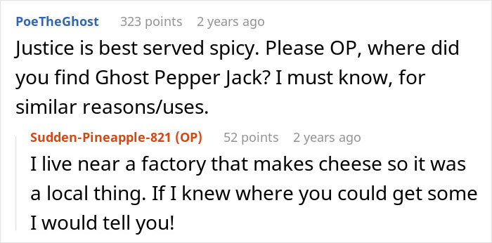 Screenshot of a Reddit conversation about getting revenge on a roommate stealing food off a plate using spicy cheese.