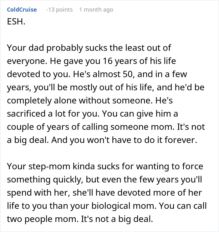 Alt text: Online forum comment discussing teen refuses birthday gift for stepmother and parent relationship challenges.