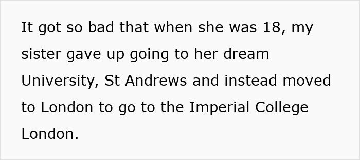 Text excerpt discussing a sister changing university plans after difficult circumstances related to family conflict.