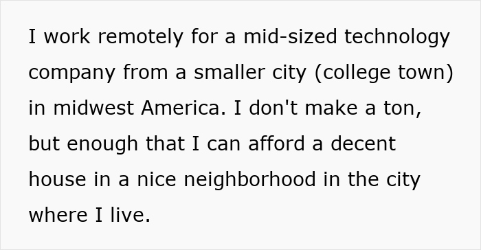 Text excerpt about working remotely for a mid-sized tech company in a smaller Midwest city, discussing affordability and neighborhood. Text excerpt about working remotely for a mid-sized tech company in a smaller Midwest city, discussing affordability and neighborhood.