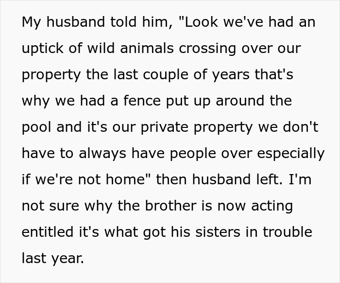 Alt text: Text excerpt describing neighbors sending their relatives to use a private pool without consent and property disputes.