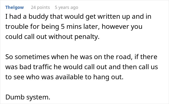 Text post discussing a strict one minute late rule at work and its impact on employee overtime decisions.