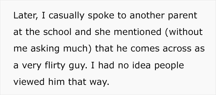 Text excerpt discussing a flirty dad at school and a confused wife noticing potential red flags. Text excerpt discussing a flirty dad at school and a confused wife noticing potential red flags.