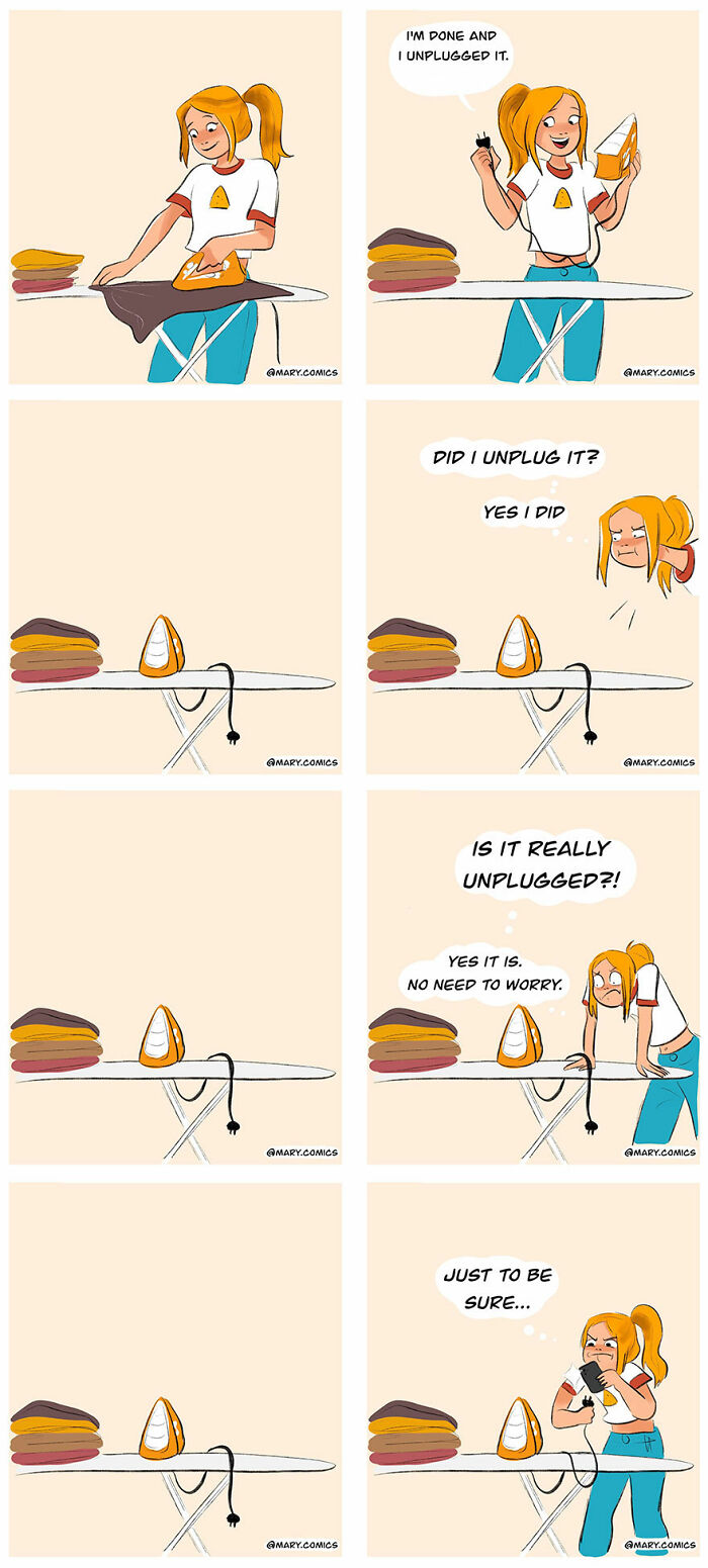 Comic strip by Mary Nicola showing a woman ironing clothes and doubting if the iron is really unplugged.