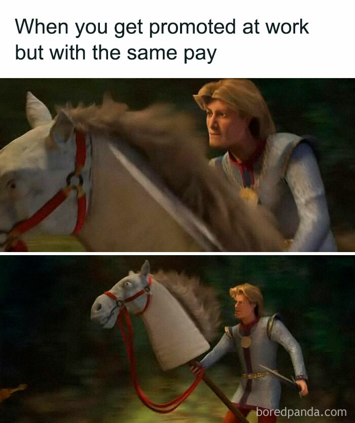 Animated character humorously riding a fake horse, illustrating a meme about work promotion with the same pay.