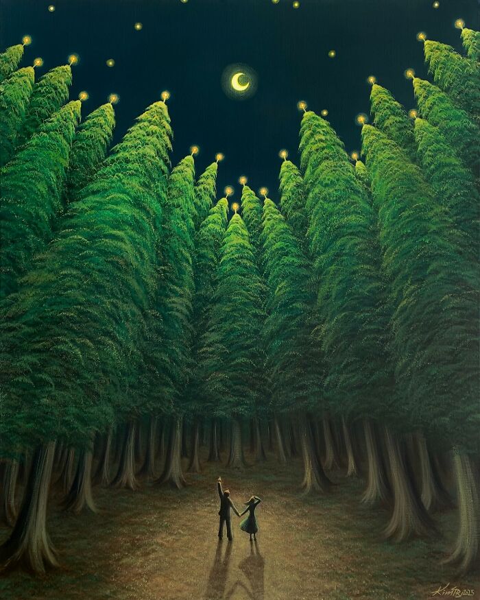 Couple standing in a forest under a crescent moon with glowing lights on trees, calming artwork by Mulgil Kim.